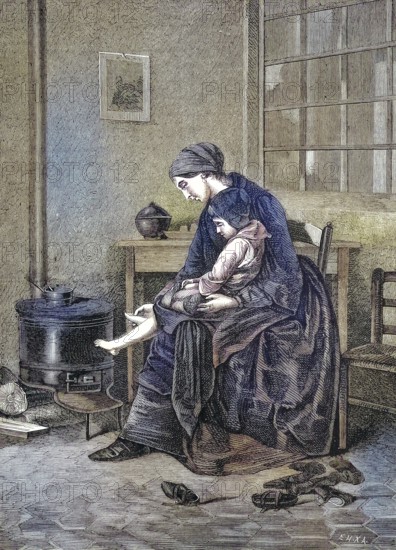 The recovering child, The convalescent child, mother with sick child in the living room/The recovering child, The convalescent child, mother with an ill child in the living room, historical, digitally restored reproduction of an original model from the 19th century, exact original date not known, subsequently colored