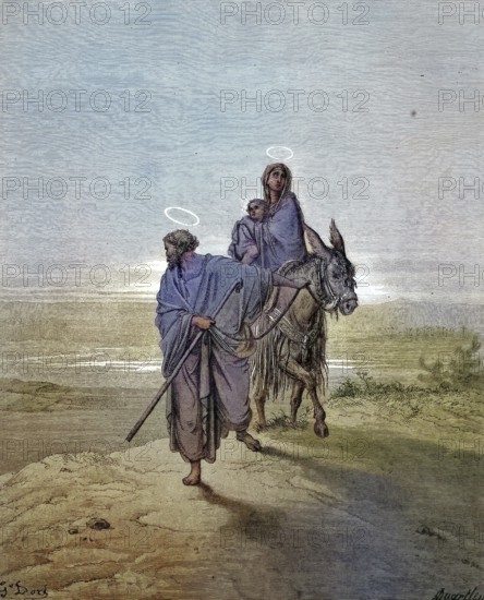 The flight to Egypt is a biblical event described in the Gospel of Matthew. Shortly after the visit of the Magi, who had learned that King Herod had the intention of killing the children in this area, an angel appeared to Joseph in a dream and advised him to flee to Egypt with Mary and the little son Jesus/The flight into Egypt is a biblical event described in the Gospel of Matthew. Soon after the visit by the Magi, who had learned that King Herod intended to kill the infants of that area, an angel appeared to Joseph in a dream to tell him to flee to Egypt with Mary and infant son Jesus, historical, digitally restored reproduction of an original original from the 19th century, exact original date unknown, subsequently colored