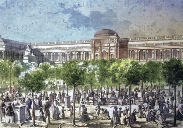 The Dresden Zwinger, a palace in the German city of Dresden, here on a Sunday afternoon with many walkers under the orange trees, Germany/The Zwinger, Dresden Zwinger, a palace in the German city of Dresden, here a Sunday afternoon with a lot of promenaders under the orange trees, Germany, historically, digitally restored reproduction of an original original from the 19th century, exact original date unknown, subsequently colored