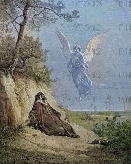 Prophet Elijah or Elias and the Angel, Situations of the Bible/Prophet Elijah or Elias and the Angel, Sitations of the Bible, historical, digitally restored reproduction of an original model from the 19th century, exact original date unknown, subsequently colored