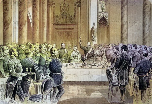 Dinner in the stateroom of Hohenzollern Castle, Hohenzollern Castle, Baden-Württemberg, Germany, on October 3, 1867, The construction of the third castle was completed on October 3, 1867 under the brother Frederick William IV./Dinner at the stateroom of Hohenzollern Castle, Baden Württemberg, at October 3, 1867, Construction of the third castle was completed on October 3, 1867, under Frederick William IV's brother King William I, historic, digitally restored reproduction of an original model from the 19th century, exact original date unknown, Colored afterwards