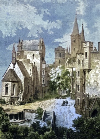 Courtyard of Hohenzollern Castle, Baden-Württemberg, Germany/Courtyard of Hohenzollern Castle, Baden Württemberg, Germany, historical, digitally restored reproduction of an original model from the 19th century, exact original date unknown, subsequently colored