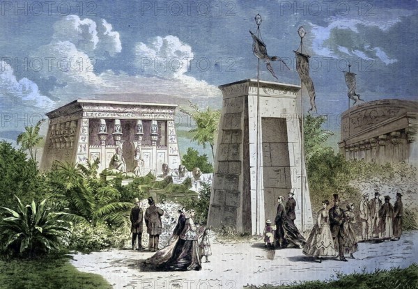 World Fair, World Exposition or Universal Exhibition in Paris, France, reconstruction of an Egyptian temple/world's fair, world exposition, or universal exposition at Paris, France, reconstruction of an Egypt temple, historical, digitally restored reproduction of an original model from the 19th century, exact original date not known, subsequently colored