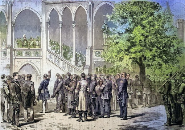 Speech by Count Stillfried to the King, Hohenzollern Castle, Baden-Württemberg, Germany, on October 3, 1867, The construction of the third castle was completed on October 3, 1867 under Frederick William IV's Count Stillfried to the King, Hohenzollern Castle, Baden Württemberg, at October 3, 1867, Construction of the third castle was completed on 3 October 1867, under Frederick William IV's brother King William I, historical, digitally restored reproduction of an original original from the 19th century, exact original date unknown, subsequently colored