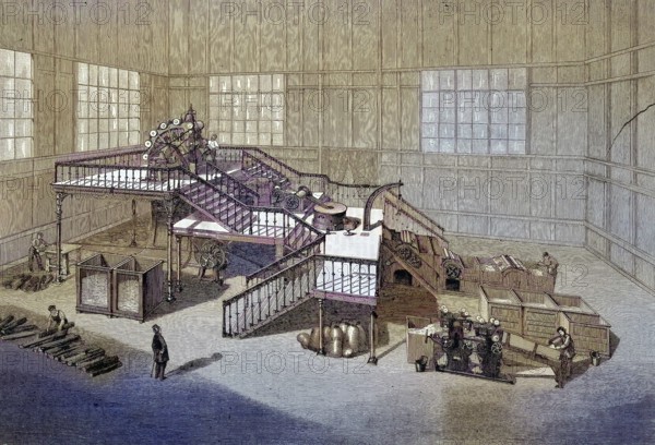 Heinrich Völter's paper mill at the World Fair in Paris, France, papermaking, industry of the Decker brothers/the paper mill of Heinrich Völter at the universal exposition at Paris, France, paper production, Decker brothers industry, historical, digitally restored reproduction of an original original from the 19th century, exact original date not known, subsequently colored