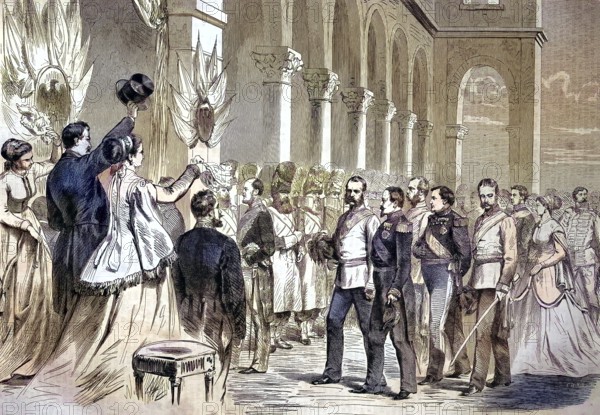 Emperor Franz Joseph I of Austria arriving for his visit to the World Fair, World Fair, World Exhibition or Universal Exhibition in Paris, France/Emperor Franz Joseph I of Austria arriving for his visit of the world's fair, world fair, world exposition, or universal exposition at Paris, France, historical, digitally restored reproduction of an original model from the 19th century, exact original date not known, subsequently colored