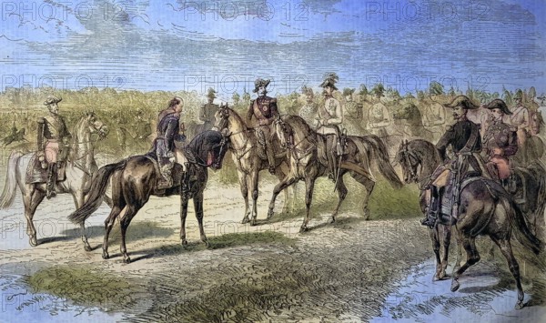 Francois Certain de Canrobert, known as Francois Certain-Canrobert, Marechal Canrobert, 1809 - 1895, Marshal of France visiting the military show in Longchamps/Francois Certain de Canrobert, known as Francois Certain-Canrobert, Marshal of France visiting the Military Show at Longchamps, historical, digitally restored reproduction of an original original from the 19th century, exact original date not known, Colored afterwards