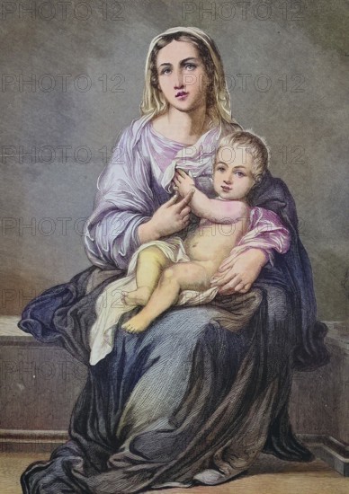 Illustration of a painting by Bartolome Esteban Murillo, Madonna and the Child/illustration of a painting of Bartolome Esteban Murillo, Madonna and the Child, historical, digitally restored reproduction of an original model from the 19th century, exact original date not known, subsequently colored