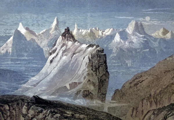 The mountains of the Alps in the Bernese Oberland, Switzerland, view from the Faulhorn/The mountains of the Alps in the Bernese Oberland, Switzerland, view from the Faulhorn hill, historical, digitally restored reproduction of an original original from the 19th century, exact original date not known, subsequently colored