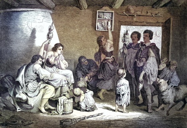 Old custom, a wedding loader in Hungary visits a family to extend an invitation to a wedding/ancient custom, a wedding loader in Hungary visit a family to extend an invitation to a wedding, historical, digitally restored reproduction of an original original from the 19th century, exact original date not known, colored afterwards