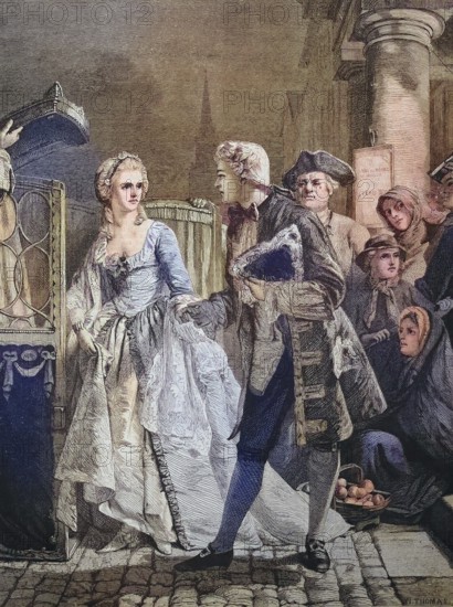 Celebrities leave the theatre, festive attire, event, couple/ Distinguished people leave the theater, ceremonial clothing, event, couple, historical, digitally restored reproduction of an original model from the 19th century, exact original date unknown, subsequently colored