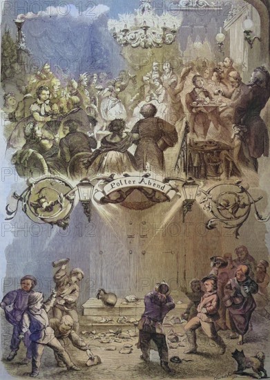 The bachelor party is a German wedding custom in which, on the night in front of the wedding, the guests break porcelain to bring luck to the couple, here in Hamburg, Germany/Polterabend is a German wedding custom in which, on the night in front of the wedding, the guests break porcelain to bring luck to the couple's marriage, here at Hamburg, Germany, historical, digitally restored reproduction of an original original from the 19th century, exact original date not known, colored later