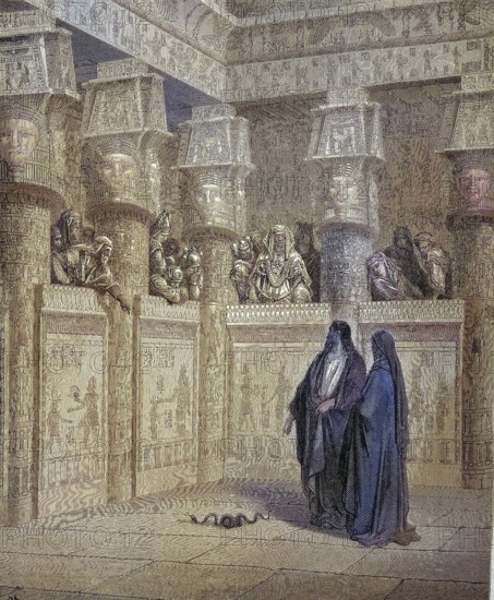 The Prophet Moses in front of the Pharaoh, religious myth, history of the Bible/the prophet Moses standing infront of the Pharaoh, religious myth, history of the Bible, historical, digitally restored reproduction of an original model from the 19th century, exact original date unknown, subsequently colored