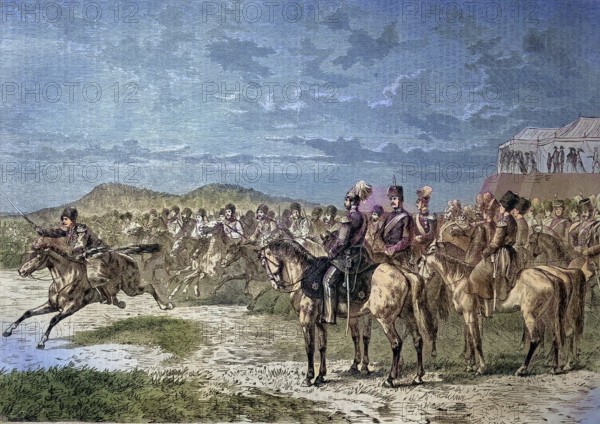 Military review of the Russian Army near Saint Petersburg, Russia/military review of the Russian Army near Saint Petersburg, Russia, historically, digitally restored reproduction of an original model from the 19th century, exact original date not known, subsequently colored