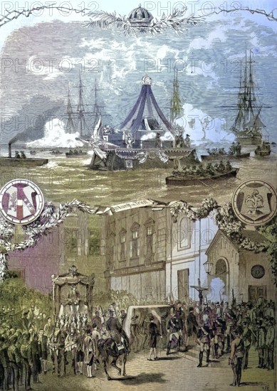 Transfer of the body of Emperor Maximilian, Maximiliano, born Ferdinand Maximilian Joseph, 1832 - 1867, from Trieste to Vienna, he was the only monarch of the Second Mexican Empire/transportation of the corpse of Emperor Maximilian, Maximiliano, born Ferdinand Maximilian Joseph, from Trieste to Vienna, he was the only monarch of the Second Mexican Empire, historically, digitally restored reproduction of an original model from the 19th century, exact original date unknown, colored later