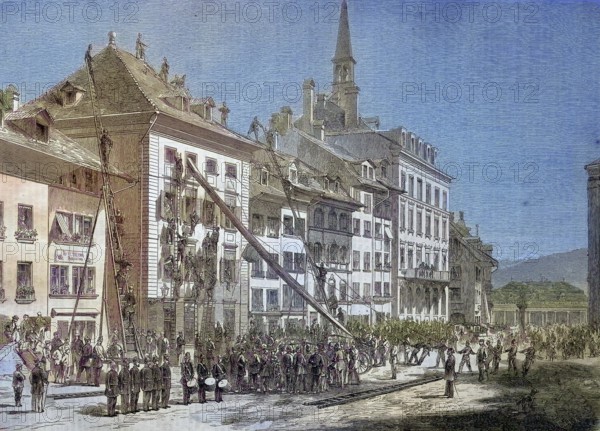 The fire brigade of the city of Bern in Switzerland during an exercise/The Fire Brigade in the City of Bern in Switzerland during an exercise, historical, digitally restored reproduction of an original model from the 19th century, exact original date unknown, subsequently colored