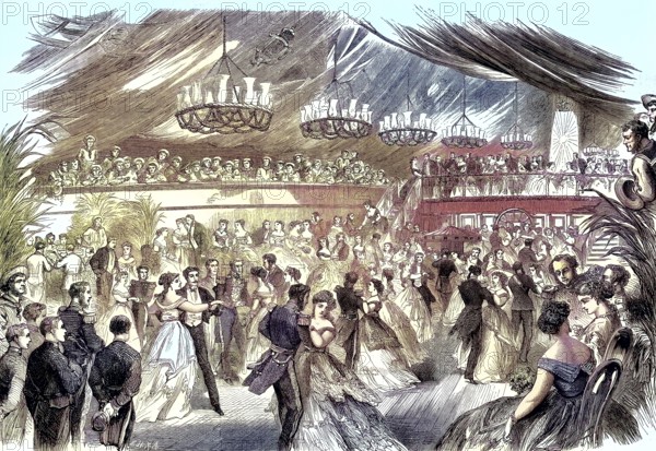 Ship Royal Alfred, ball, dance party on the ship in the port of Rhede in Barbados/ship Royal Alfred, dance party on the ship in the harbour of Rhede at Barbados, historical, digitally restored reproduction of an original original from the 19th century, exact original date unknown, subsequently colored