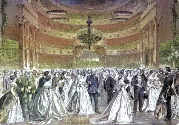 A subscription ball dance party at the Berlin Opera, Germany/a subscription ball dance party in the opera of Berlin, Germany, historical, digitally restored reproduction of an original model from the 19th century, exact original date not known, subsequently colored