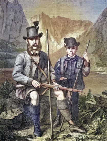 Emperor Franz Joseph I of Austria and Rudolf, Crown Prince of Austria hunting chamois in the Austrian Alps, Austria/Emperor Franz Joseph I of Austria and Rudolf, Crown Prince of Austria hunting for chamois in the Austrian Alps, Austria, historical, digitally restored reproduction of an original model from the 19th century, exact original date not known, subsequently colored