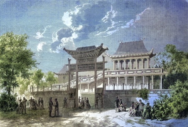 World Fair, World Exhibition or Universal Exhibition in Paris, France, the Chinese Exhibition and the Chinese Theatre/world's fair, world fair, world exposition, or universal exposition at Paris, France, the Chinese exhibition and theater, historical, digitally restored reproduction of an original original from the 19th century, exact original date not known, subsequently colored