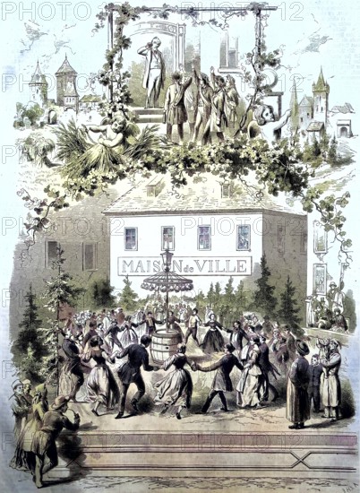 Thanksgiving in Switzerland/a celebration in the autumn, harvest festival, Thanksgiving in Switzerland, historical, digitally restored reproduction of an original model from the 19th century, exact original date not known, subsequently colored