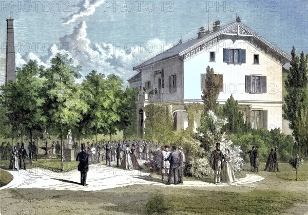 The band of the workers of the weaving mill Arnold Staub in Kuchen, Baden-Württemberg, Germany, at a concert on Sunday afternoon/the music band of the workers of the weaving plant company of Arnold Staub in Kuchen, Baden-Württemberg, performing a concert on Sunday afternoon, historical, digitally restored reproduction of an original original from the 19th century, exact original date unknown, subsequently colored