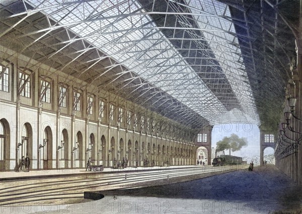 The new railway station in Stuttgart around 1890, Baden-Württemberg, Germany/the new railway station at Stuttgart, Baden Württemberg, Germany, historically, digitally restored reproduction of an original model from the 19th century, exact original date unknown, subsequently colored