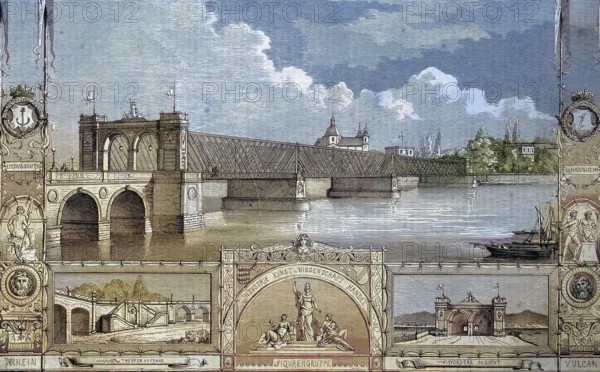 The new bridge across the Rhine around 1890, between Mannheim and Ludwigshafen, Germany/the new bridge crossing river Rhine, Rhine, between Mannheim and Ludwigshafen, Germany, historically, digitally restored reproduction of an original original from the 19th century, exact original date unknown, subsequently colored