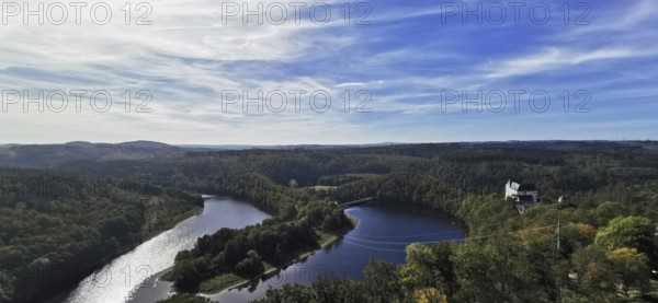 Wide river landscape under cloudy sky, Saaleschleife with Burgk Castle in the background, Thuringia