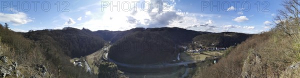 Panoramic view of a hilly landscape with river and village, Franconian Switzerland