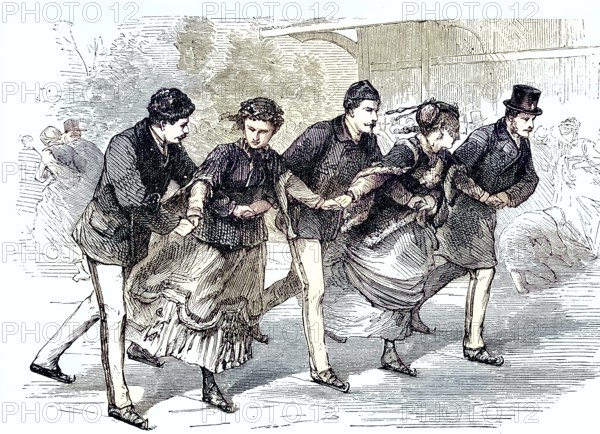 Five people ice skating, ice skating as winter fun/five people ice skating, ice skating as winter fun, historical, digitally restored reproduction of an original model from the 19th century, exact original date not known, subsequently colored