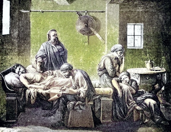 A lawyer who writes the last will of Eudamidas I, a Spartan king, Sparta/a lawyer writing the last will and testament of Eudamidas I, a Spartan king, Sparta, historical, digitally restored reproduction of an original model from the 19th century, exact original date not known, subsequently colors