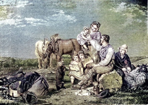 American farmer family at breakfast break in the field/American farmer family at breakfast break in the field, historical, digitally restored reproduction of an original model from the 19th century, exact original date not known, subsequently colored