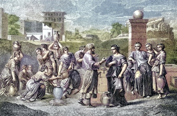 Elieser, son of Moses and Rebecca, biblical illustration, Rebecca and Elieser/Elieser, son of Mose and Rebecca, bible illustration, Rebecca and Eliezer, historical, digitally restored reproduction of an original original from the 19th century, exact original date unknown, subsequently colored