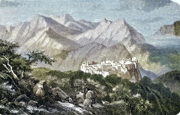 The top of Borobudur or Barabudur, a 9th century Buddhist Mahayana temple in Magelang, Central Java, Indonesia/the top of Borobudur, or Barabudur, a 9th-century Mahayana Buddhist temple in Magelang, Central Java, Indonesia, historical, digitally restored reproduction of an original original from the 19th century, exact original date not known, subsequently colored