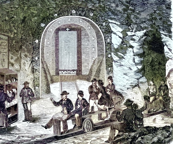 The Berchtesgaden salt mine is the oldest active salt mine in Germany, Bavaria, visitors at the entrance/Berchtesgaden salt mine is the oldest active salt mine in Germany, Bavaria, Visitors at the entrance, historical, digitally restored reproduction of an original original from the 19th century, exact original date unknown, subsequently colored