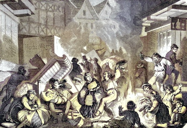 The street fires in Hamburg on May 1, Germany, celebration/The street fires in Hamburg on 1 May, celebration, historically, digitally restored reproduction of an original model from the 19th century, exact original date unknown, subsequently colored