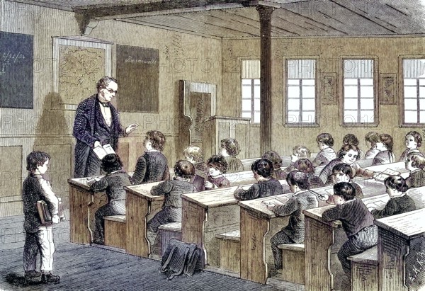 School, classroom, school class, Arnold Staub's school of weaving in Kuchen, Baden-Württemberg, Germany/School, classroom, school class, the school of the weaving plant company of Arnold Staub in Kuchen, Baden-Württemberg, Germany, historical, digitally restored reproduction of an original original from the 19th century, exact original date unknown, subsequently colored