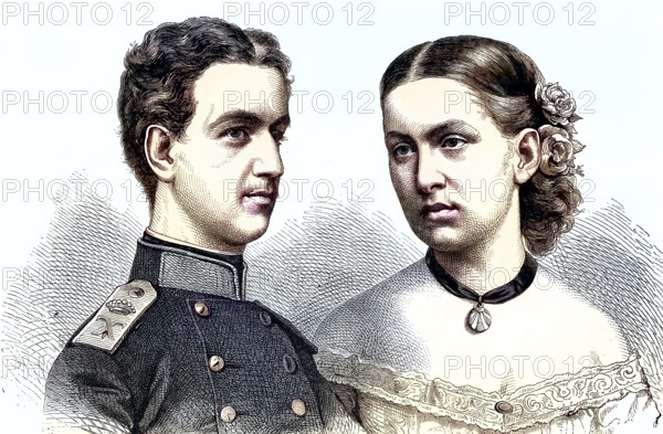 George I of Greece and his woman, Grand Duchess Olga Konstantinovna of Russia/George I of Greece and his woman Grand Duchess Olga Constantinovna of Russia, historical, digitally restored reproduction of an original model from the 19th century, exact original date not known, subsequently colored