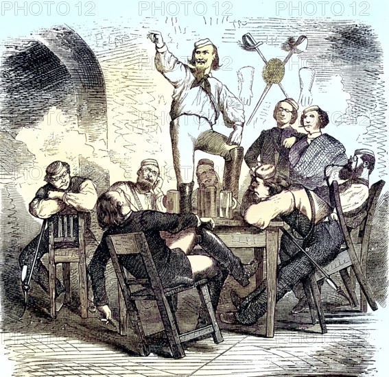 Studenten in ein Studentenbar/Students in a student bar, historical, digitally restored reproduction of an original model from the 19th century, exact original date unknown, colored later