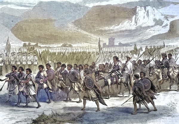 Abyssinian expedition of 1868, arrival of Kassa von Tirge in the English soldier camp/Abyssinian expedition of 1868, arriving of cash by Tirge at the English Soldier Camp, historical, digitally restored reproduction of an original model from the 19th century, exact original date unknown, colored later