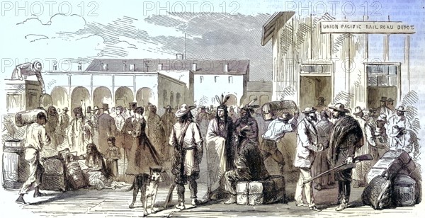 The railroad in America, here the Omaha station, Union Pacific Railroad/The Railroad in America, here the railway station Omaha, Union Pacific Railroad, historic, digitally restored reproduction of an original original from the 19th century, exact original date unknown, colored later