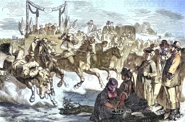 An agricultural festival in Mecklenburg, Germany, farmers organize a trotting race with their horses/ An agricultural festival at Mecklenburg, Farmers organize a trot racing with their horses, historical, digitally restored reproduction of an original original from the 19th century, exact original date not known, subsequently colored