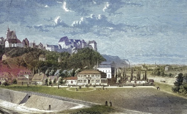 Mildenstein Castle, Mildenstein Castle, also called Schloss Leisnig, is located in Leisnig in the district of Mittelsachsen, Saxony, Germany, historical, digitally restored reproduction of an original model from the 19th century, exact original date not known, subsequently colored