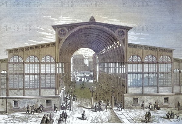 The Markthalle building in Berlin, Germany/the building of the The Market Hall of Berlin, Germany, historically, digitally restored reproduction of an original model from the 19th century, exact original date unknown, subsequently colored