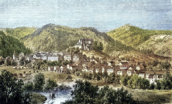 View of the castle of Elgersburg, a community in the Ilm district, in Thuringia, Germany/view of the castle of Elgersburg, a municipality in the district of Ilm-Kreis, in Thuringia, Germany, historical, digitally restored reproduction of an original model from the 19th century, exact original date not known, subsequently colored