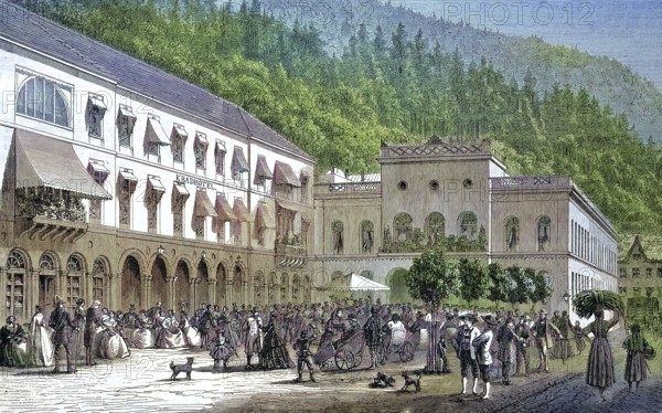 The spa town of Wildbad with the bathhouse and the spa hotel/the spa of Wildbad with the bath house and the spa hotel, historic, digitally restored reproduction of an original model from the 19th century, exact original date unknown, colored later