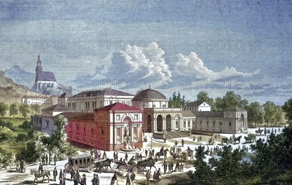 Carriages and people in front of the old bathhouse in Salzburg, Austria/coaches and people infront of the old bath-house at Salzburg, Austria, historical, digitally restored reproduction of an original model from the 19th century, exact original date not known, subsequently colored