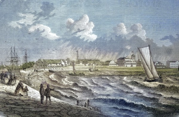 Warnemünde is a seaside resort and a district of the city of Rostock in Mecklenburg, Germany. It is located on the Baltic Sea/Warnemünde, a seaside resort and a district of the city of Rostock in Mecklenburg, Germany, It is located on the Baltic Sea, historical, digitally restored reproduction of an original model from the 19th century, exact original date not known, subsequently colored