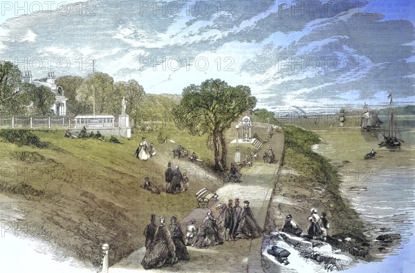 View of the coast of Cowes, an English port town and civil community on the Isle of Wight, walkers/view of the coast of Cowes, an English seaport town and civil parish on the Isle of Wight, promenaders, historical, digitally restored reproduction of an original model from the 19th century, exact original date unknown, subsequently colored